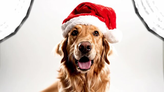 Golden Retriever Dog Wearing a Santa Hat Looking Up Under Softbox Studio Lighting