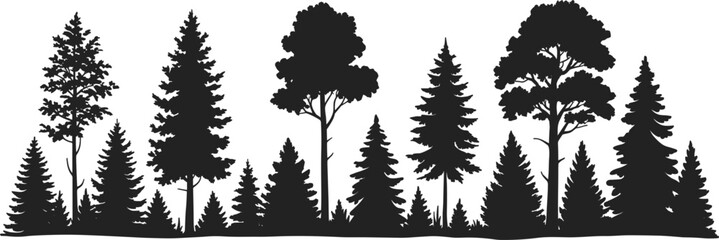 Mixed forest silhouette vector illustration featuring various pine, fir, and deciduous trees panoramic landscape © Arishfa