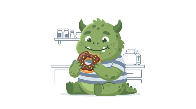 Adorable green monster snacking on a chocolate donut with sprinkles in a kitchen flat design vector illustration.