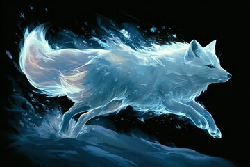 Fototapeta premium An arctic fox jumps through deep snow, leaving a trail of glowing snow crystals around its body in a dark setting.