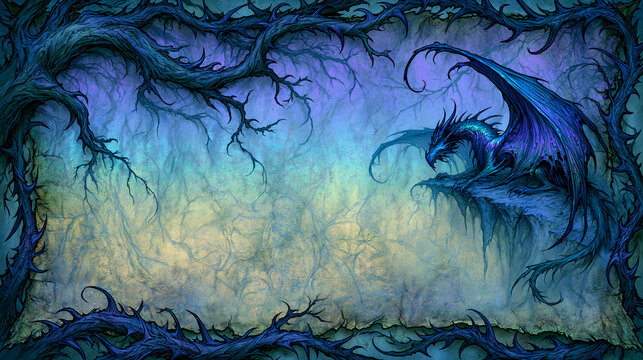 Holographic dragon scroll background with blank parchment and pearlescent fantasy frame