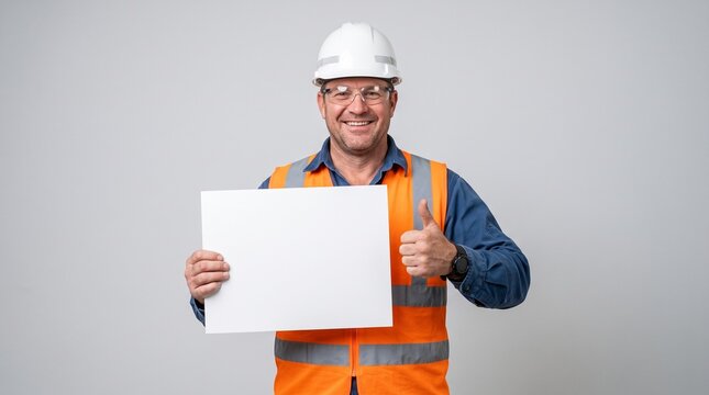Happy Mature Construction Worker Holding a Blank White Sign and Giving a Thumbs Up Gesture