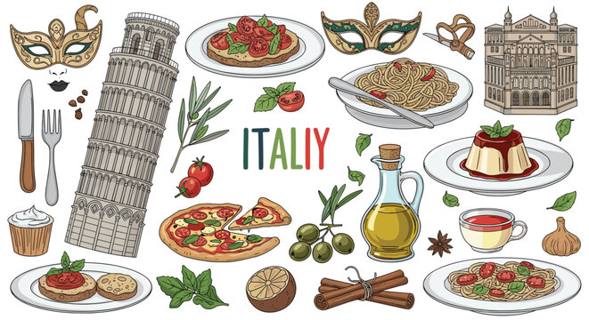 Beautiful Italy travel vector collection with famous landmarks like the Leaning Tower of Pisa and various traditional dishes.