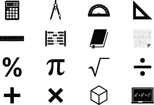 Mathematics and geometry learning icons representing calculation tools formulas rulers books and basic arithmetic operations.
