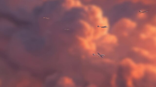 Military reconnaissance uav drones fly high above a dense layer of orange sunset clouds in a smooth 3D animation loop for defense concepts