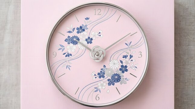 Round clock face with blue floral decorations and roman numerals flowers