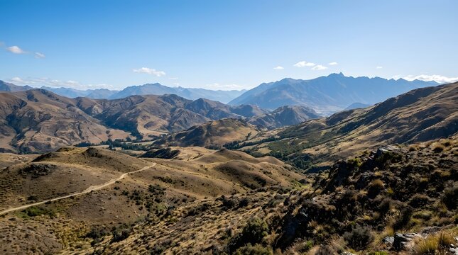 Rolling hills, dry grassland, and distant mountain peaks under clear sky mountains