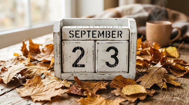 Rustic wooden calendar showing september 23, 2026, on a table with autumn leaves