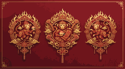 Golden monkey vector illustration featuring traditional chinese zodiac themes with ornate circular frames and elegant red textured background paper design © hadi