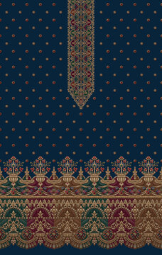 High-quality digital textile print layout for women's ethnic wear in [Navy Blue]. The design features intricate gold butta motifs, a highly detailed traditional neckline, and a heavy floral daman (bor