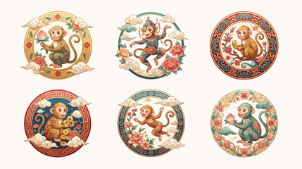 Set of six decorative circular monkey illustrations featuring traditional chinese patterns and floral motifs for lunar new year graphic designs © hadi