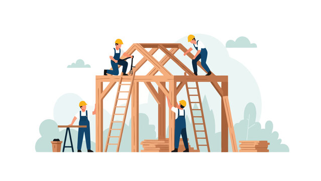 Team of skilled workers collaborating to erect wooden framing for a new building structure showcasing construction progress and teamwork in a development project scene laborday