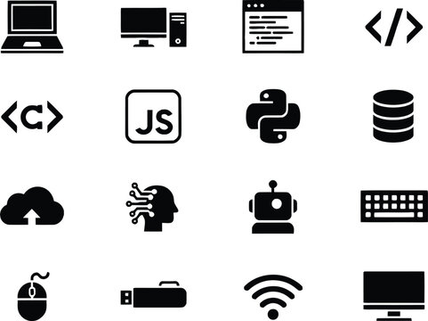 Programming icon set for web design and mobile applications, simple flat silhouette coding symbols.