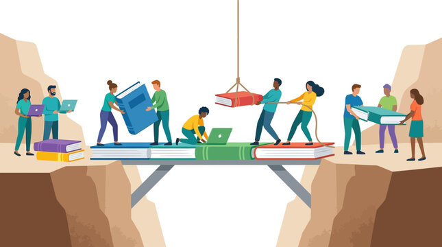Diverse multicultural group building a bridge from giant books across a canyon gap flat vector illustration.