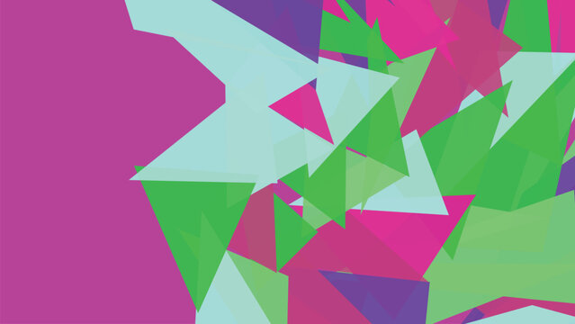 Triangular abstract background composition with soft translucent overlapping forms in vibrant green magenta and teal colors for artistic projects.