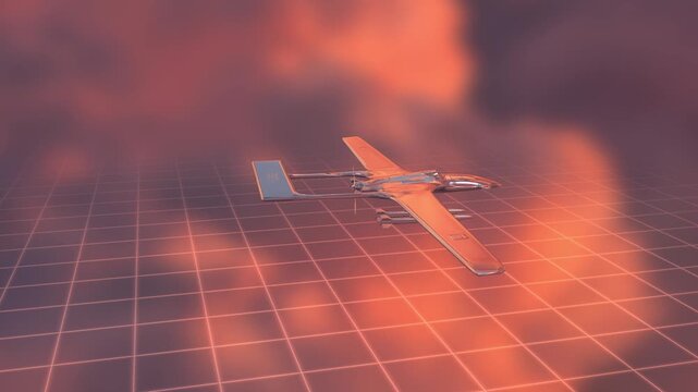 Chrome military drone model rotates over a glowing red technical grid in a futuristic 3D animation loop representing military blueprint design