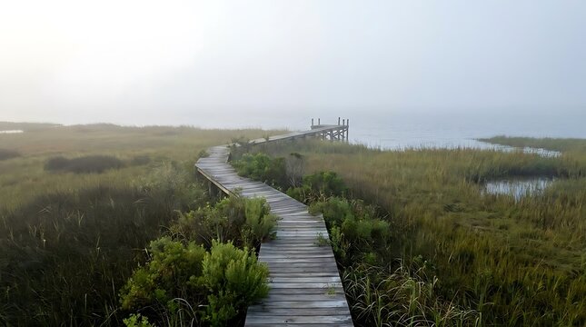 A serene wooden boardwalk path leading through overgrown coastal docks into the misty morning horizon of a tranquil marsh landscape at a quiet lakeside