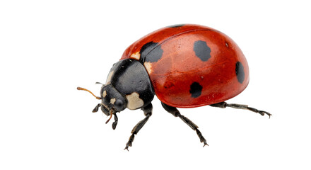 Close-up macro shot of a red ladybug with black spots on a white background © Sapphire