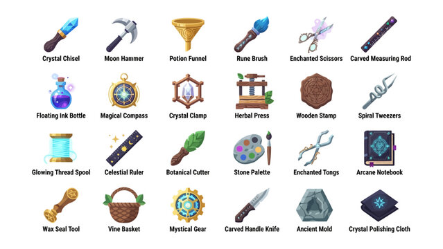 Alchemy and Crafting Tools: A collection of mystical and magical items and tools, including potions, compasses, scissors, brushes, and ancient books, evoking a sense of fantasy and creation.
