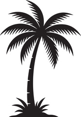 Fototapeta premium Black silhouette of a single palm tree on a grassy mound isolated on a white background, for tropical summer, beach and vacation projects