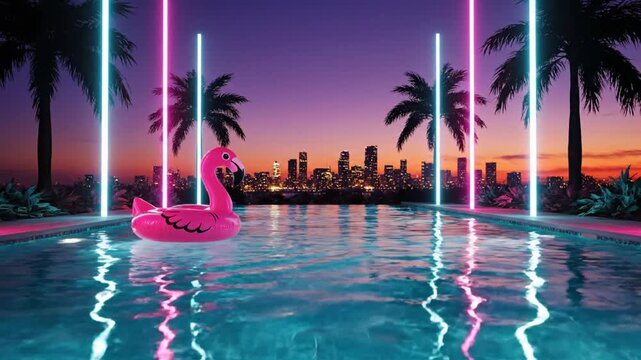 Flamingo floaty in neon infinity pool overlooking city skyline