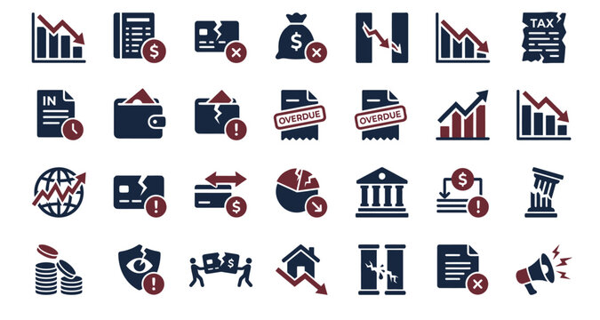 Financial icons depicting economic downturn and financial issues featuring money, decline, overdue with tax and bank