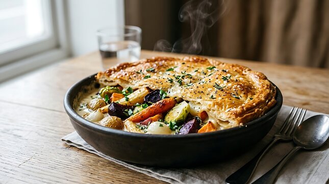 Fresh vegetable pot pie with crispy crust served in a black bowl on a wooden table for dinner. hot dish challenge