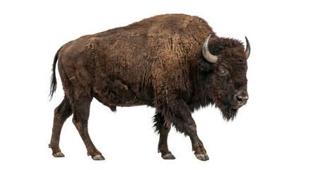 Majestic American bison walks forward with a powerful stride on a white background © Sapphire