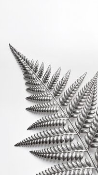 Minimalist metallic silver fern leaf on white background