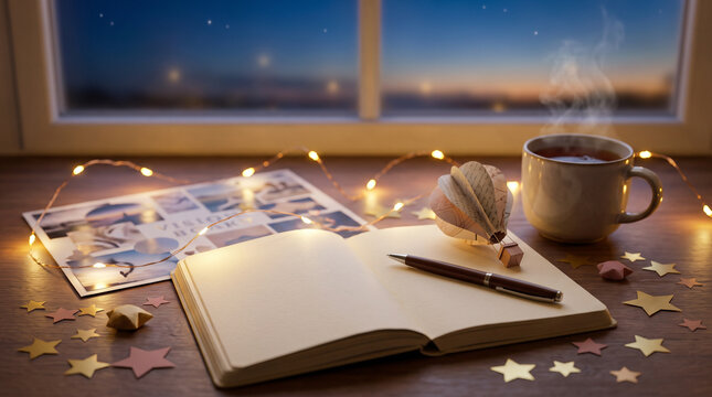 Open Blank Journal with Fairy Lights, Steaming Coffee, and Stars by Twilight Window, World Dream Day and Vision Board Concept