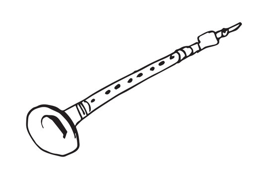 Duduk Armenian flute, black and white line art. Hand-drawn ethnic wind instrument with double reed mouthpiece, bold sketch style, isolated on white.