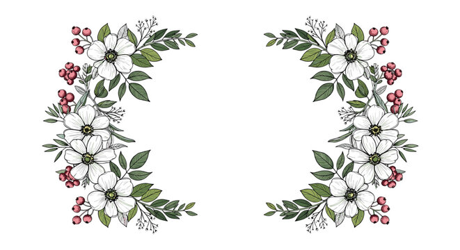 Elegant vintage borders made of white wild rose flowers, green leaves, and pink berries on a white background.