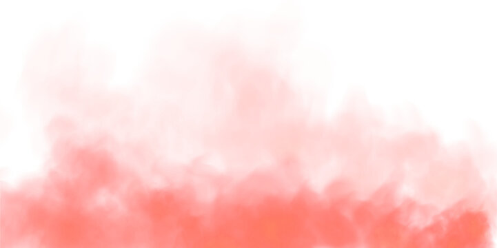 Abstract red smoke isolated on transparent white background. Red color fog clouds rising up. Colorful smoke texture. Fantastic red smoke. Magic smoke. Smog cloud on podium or stage. Fog vapor over.