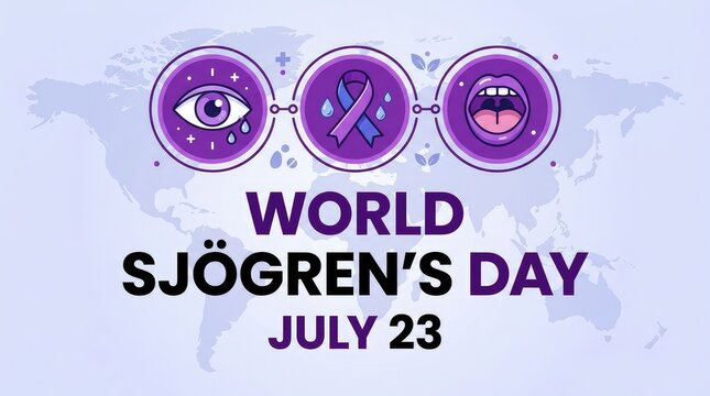 World Sjogrens Day graphic poster with global world map background dry eye and mouth medical icons