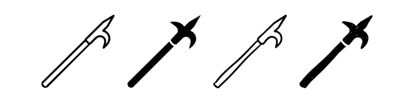 Vector set of fire hook and pike pole icons in outline and silhouette styles. Minimalist black and white symbols for firefighting, rescue operations, and emergency services equipment.