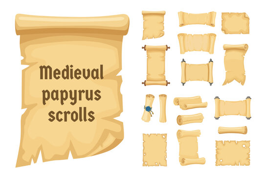 Big set of medieval papyrus scrolls and old paper manuscripts vector illustration