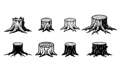 Black Tree Stump Silhouette Vector Set Isolated on PNG Background, tree stump, stump vector, tree trunk, cut tree, wood stump, forest stump, tree base, woodland, forestry, timber, log stump,  © TalalAhmad