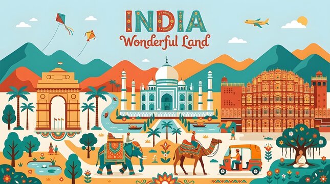 Vibrant indian village scene with landmarks and cultural architecture people
