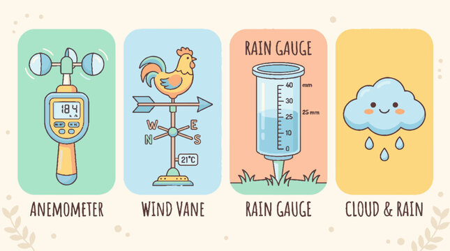 Cute cartoon weather instruments set including anemometer wind vane rain gauge and cloud with rain.