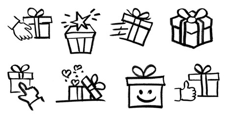 Gift Icon Crayon Chalk Drawing Doodle Vector Set © Grunge Designs