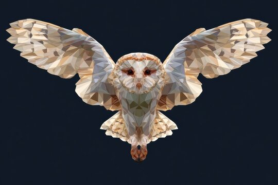 Barn owl flies through the dark sky with outstretched wings, showing a design made of polygons and warm cream colors in its feathers