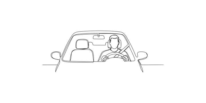 Continuous single line drawing of a man driving a car with hands on the steering wheel