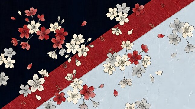 Vibrant red stripe background, with delicate cherry, blossoms and leaves