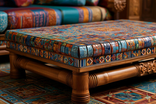 Handwoven ottoman with intricate ethnic patterns. Boho-chic footrest in vibrant geometric textile design for modern interiors.