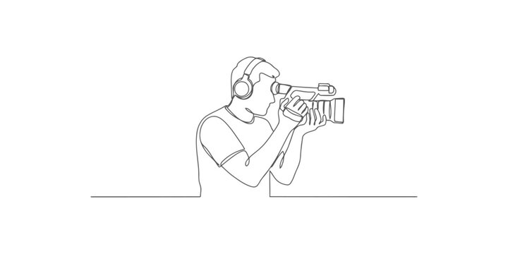 Single continuous line drawing of a young videographer holding a professional video camera and wearing headphones to record a movie or film project