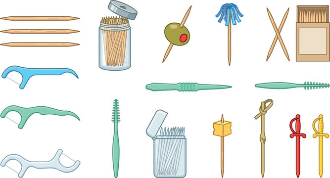 Toothpicks and Dental Floss Picks Vector Element Set featuring Wooden Skewers Interdental Brushes Cocktail Picks and Oral Hygiene Tools for Care and Catering Illustrations