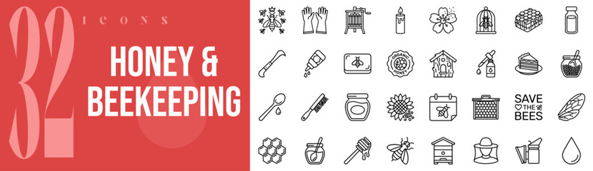 Honey Beekeeping and Apiary 32 Outline Icons Vector Set © Chernobyl Studio