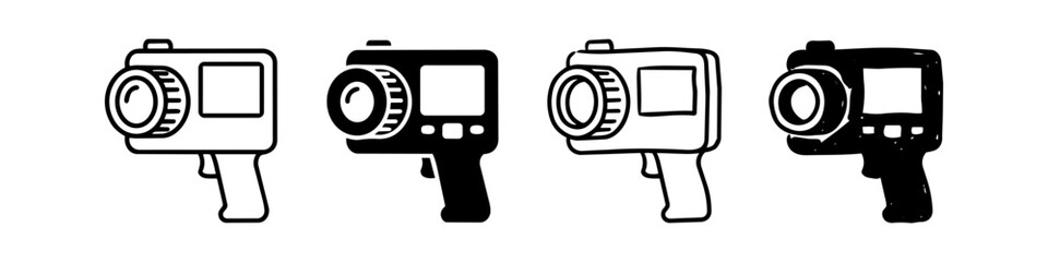 Set of four handheld thermal camera icons in diverse styles: line art, solid, and hand-drawn sketches. Ideal for industrial monitoring, temperature measurement, and technology concepts. © Nort Kor