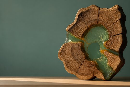 Epoxy resin wood sculpture with green natural cross section