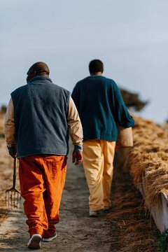 Two farm workers walking along a hay lined country track carrying tools and a bucket for agricultural banner and background use